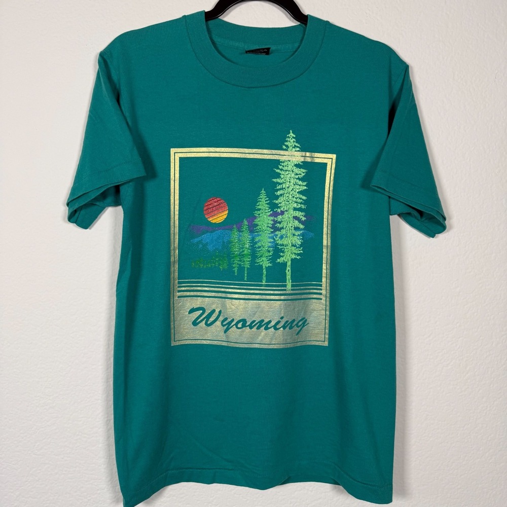 VINTAGE 80s WYOMING T SHIRT Screen Stars Best M Single Stitch Graphic Teal Tee
